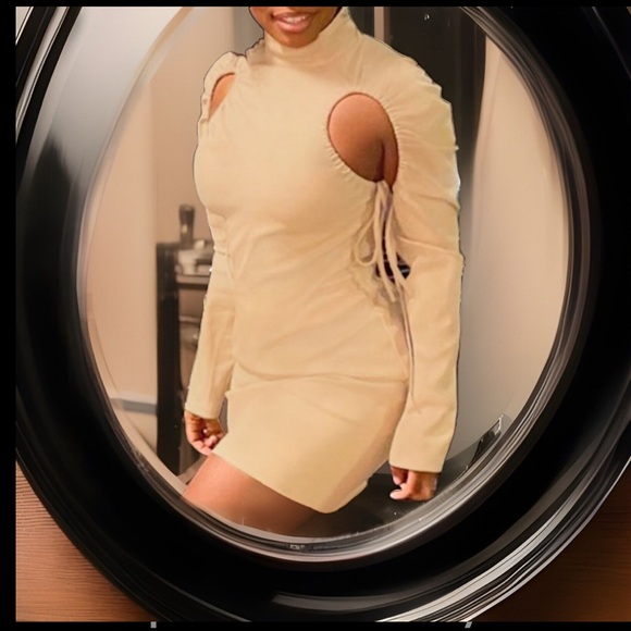 Unique 1 Of A Kind khaki Drawstring Ties Ruched Open Armpits Sexy Mini Dress - Picture 6 of 7